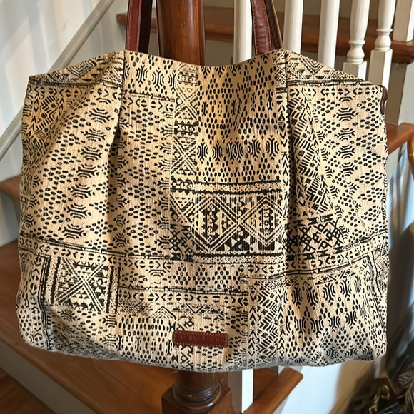 Lucky Brand Vintage Cotton & Linen Blend Tote Bag w Leather straps - Picture 5 of 11